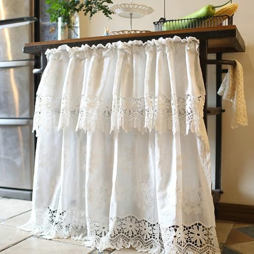 Tolldek Bistrogardine Blickdicht Bad 85 x 150cm(HxB), 1er Pack Spitze mit Blumen Muster Scheibengardine Schlafzimmer Rod Pocket Baumwolle Leinen Vorhang Gardine Verdunkelnd, Weiß von Tolldek