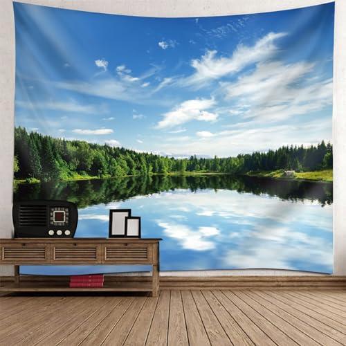 Tolldek Wandteppich Blau Grün 150 x 130 cm, Landschaft Natur Wandteppiche See Baum Tapisserie Wandtücher für Tischdecke Schlafzimmer Decor von Tolldek
