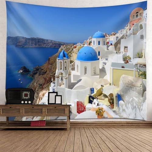 Tolldek Wandteppich Blau Weiß 300 x 256 cm, Landschaft Natur Tapisserie Küstenstadt Wandbehang Wandbehänge für Tischdecke Wohnzimmer Schlafzimmer Decor von Tolldek