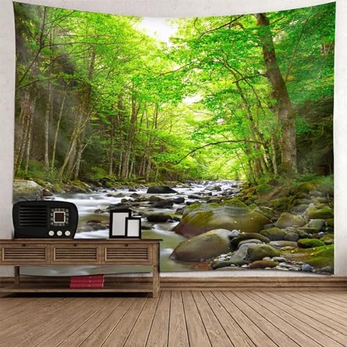 Tolldek Wandteppich Grün Braun 300 x 256 cm, Natur Landschaft Wandteppiche Fluss Baum Tapisserie Wandtücher für Tischdecke Wohnzimmer Schlafzimmer Decor von Tolldek