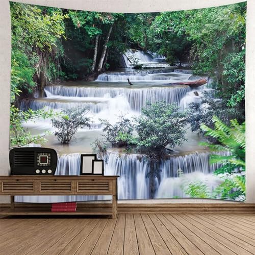 Tolldek Wandteppich Grün Grau Weiß 200 x 200 cm, Landschaft Natur Wandteppiche Fluss Baum Wandbehang Wandbehänge für Wohnzimmer Schlafzimmer Wohnheim Wanddeko von Tolldek