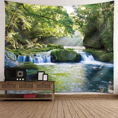 Tolldek Wandteppich Grün Weiß 150 x 130 cm, Landschaft Natur Wandteppiche Baum Fluss Wandtuch Wandtücher für Tischdecke Wohnzimmer Decor von Tolldek