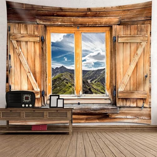 Tolldek Wandteppich Landschaft Natur 150 x 150 cm, Hölzern Fenster Berg Tapisserie Braun Wandteppiche Tapestry für Tischdecke Wohnzimmer Decor von Tolldek