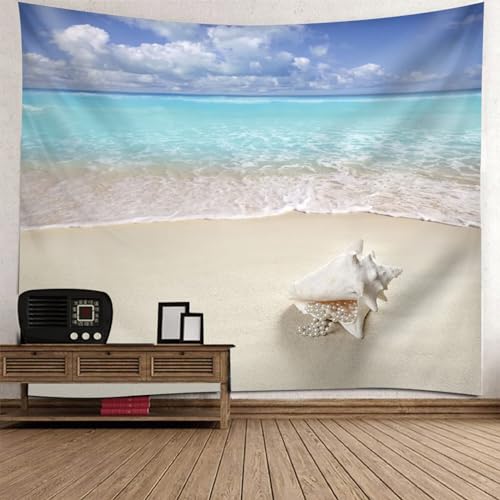 Tolldek Wandteppich Landschaft Natur 150 x 150 cm, Muschel Perle Strand Meer Wandbehang Blau Grün Beige Wandteppiche Tapestry Geeignet für Wanddekorationskunst von Tolldek