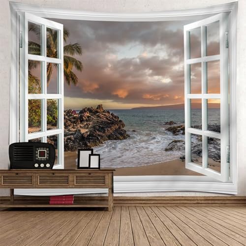 Tolldek Wandteppich Landschaft Natur 240 x 220 cm, Fenster Meeresufer Wandbehang Weiß Grau Tapisserie Hausdekor für Schlafzimmer Wohnzimmer von Tolldek