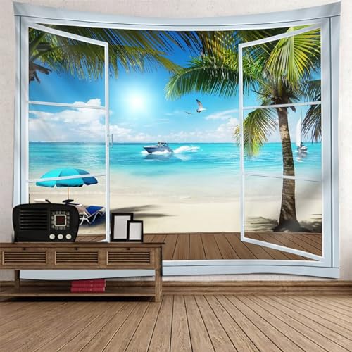 Tolldek Wandteppich Landschaft Natur 240 x 220 cm, Fenster Strand Wandbehang Blau Grün Wandtuch Hausdekor für Wohnzimmer Dekor, Schlafzimmer Tolldek Wandteppich Landschaft Natur 240 x 220 cm, Fenster Strand Wandbehang Blau Grün Wandtuch Hausdekor für Wohnzimmer Dekor, Schlafzimmer von Tolldek