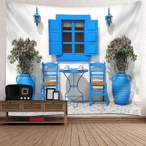 Tolldek Wandteppich Landschaft Natur 350 x 256 cm, Fenster Wandteppiche Blau Weiß Wandtuch Tapestry für Wohnzimmer Wanddeko von Tolldek