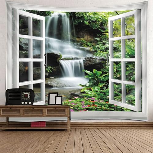 Tolldek Wandteppich Landschaft Natur 350 x 256 cm, Fenster Wasserfälle Wandtuch Weiß Grün Tapisserie Wandbehang Tapestry für Wohnzimmer Decor von Tolldek