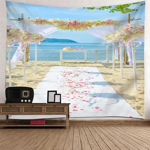 Tolldek Wandteppich Landschaft Natur Blau Beige Rose, Wandteppiche Meer Strand Hochzeitsort Wandtuch Heimdekorationen für die Wand in Wohnzimmerdekoration, 210 x 140 cm von Tolldek