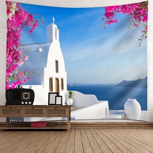 Tolldek Wandteppich Landschaft Natur Blau Rose, Wandteppiche Meer Kirchen Wandtuch Heimdekorationen für Schlafzimmer Wohnzimmer, 210 x 140 cm von Tolldek