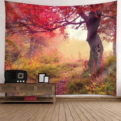 Tolldek Wandteppich Landschaft Natur Fuchsia Grün, Tapisserie Wandbehang Rot Blatt Baum Wandbehang Heimdekorationen für Tischdecke Wohnzimmer Decor, 210 x 140 cm von Tolldek