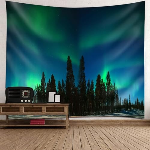 Tolldek Wandteppich Landschaft Natur Grün Blau Schwarz, Tapisserie Wandbehang Aurora Baum Wandtuch Tuch für Tischdecke Schlafzimmer Decor, 210 x 140 cm von Tolldek