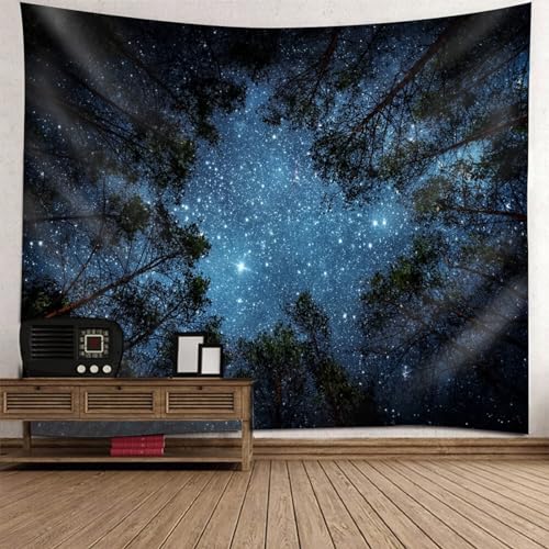Tolldek Wandteppich Landschaft Natur Schwarz Dunkel Blau, Wandteppiche Baum Sternenklar Himmel Tapisserie Wandbehang Tuch für Wohnzimmer Schlafzimmer Wohnheim Wanddeko, 210 x 140 cm von Tolldek