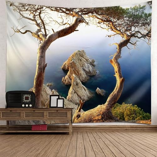 Tolldek Wandteppich Natur Landschaft 150 x 150 cm, Baum Meer Wandtuch Braun Wandteppiche Tapestry für Tischdecke Wohnzimmer Schlafzimmer Decor von Tolldek