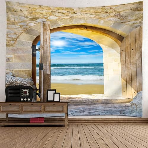 Tolldek Wandteppich Natur Landschaft 150 x 150 cm, Tür Strand Wandteppiche Gelb Blau Wandtuch Tapestry Geeignet für Raumdekoration, Wanddekorationskunst von Tolldek
