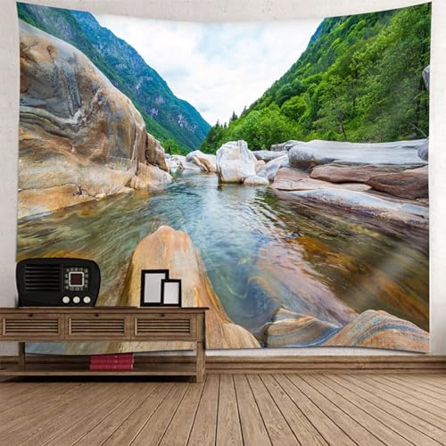 Tolldek Wandteppich Natur Landschaft 240 x 220 cm, Bach Stein Berg Tapisserie Braun Grün Wandteppiche Hausdekor für Tischdecke Schlafzimmer Decor von Tolldek