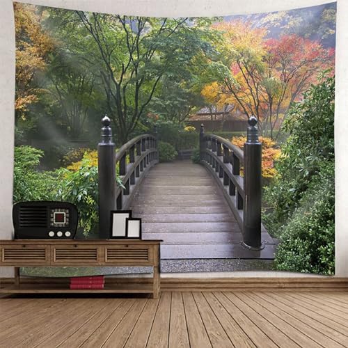 Tolldek Wandteppich Natur Landschaft 240 x 220 cm, Brücke Baum Wandbehang Grau Braun Grün Wandteppiche Hausdekor für Tischdecke Schlafzimmer Decor von Tolldek