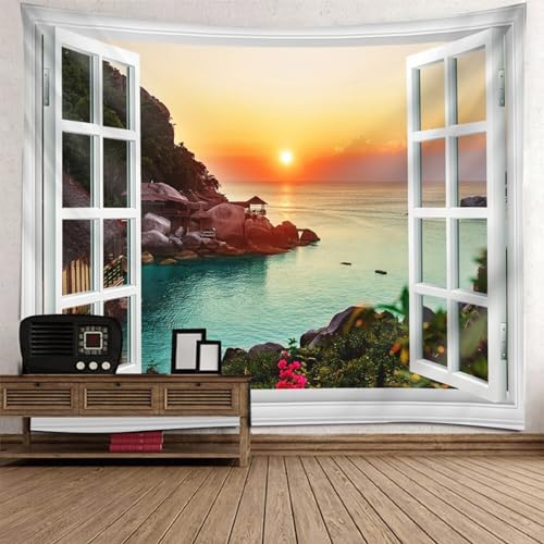 Tolldek Wandteppich Natur Landschaft 240 x 220 cm, Fenster Strand Sonnenuntergang Tapisserie Orange Grün Wandbehang Tapestry für Wohnzimmer Tolldek Wandteppich Natur Landschaft 240 x 220 cm, Fenster Strand Sonnenuntergang Tapisserie Orange Grün Wandbehang Tapestry für Wohnzimmer von Tolldek