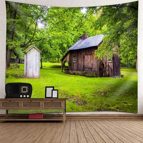Tolldek Wandteppich Natur Landschaft 240 x 220 cm, Holzhaus Wandbehang Grün Braun Wandteppiche Tapestry für Wohnzimmer von Tolldek