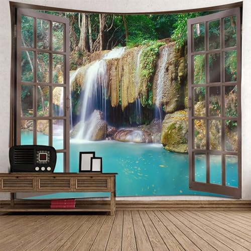 Tolldek Wandteppich Natur Landschaft 350 x 256 cm, Fenster Wasserfall Wandbehang Multicolor Wandteppiche Hausdekor für Tischdecke Wohnzimmer Decor von Tolldek