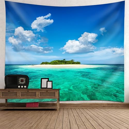 Tolldek Wandteppich Natur Landschaft 350 x 256 cm, Meer Island Himmel Wandtuch Blau Grün Weiß Wandteppiche Tapestry für Wohnzimmer, Schlafzimmer von Tolldek