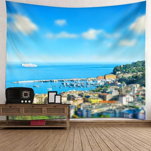 Tolldek Wandteppich Natur Landschaft 350 x 256 cm, Meeresufer Stadtansicht Wandtuch Blau Grün Wandbehang Hausdekor für Tischdecke Wohnzimmer Decor von Tolldek