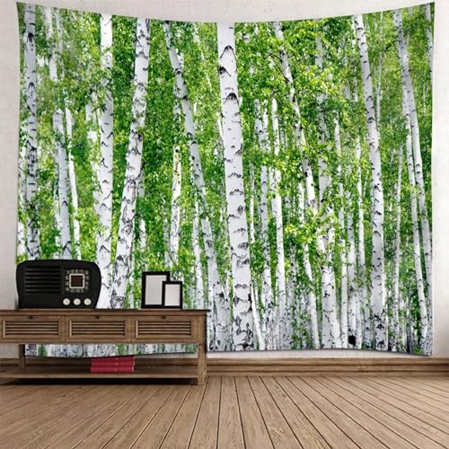 Tolldek Wandteppich Natur Landschaft 350 x 256 cm, Weißpappel Zweigstelle Tapisserie Grün Weiß Wandtuch Tapestry für Tischdecke Schlafzimmer Decor von Tolldek