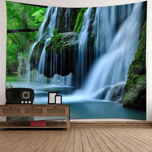 Tolldek Wandteppich Natur Landschaft Grün Braun Weiß, Wandtuch Berg Baum Wasserfall Wandbehang Heimdekorationen für Wohnzimmer, 210 x 140 cm von Tolldek