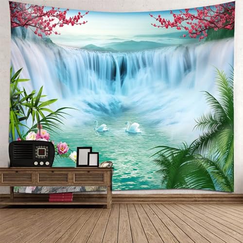 Tolldek Wandteppich Natur Landschaft Grün Weiß, Wandteppiche Wasserfall Wandtuch Heimdekorationen für Tischdecke Wohnzimmer Schlafzimmer Decor, 260 x 240 cm von Tolldek