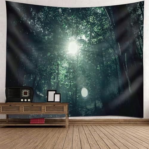 Tolldek Wandteppich Schwarz Grün 200 x 200 cm, Natur Landschaft Wandtuch Baum Sonnenschein Dschungel Tapisserie Wandtücher für Tischdecke Schlafzimmer Decor von Tolldek