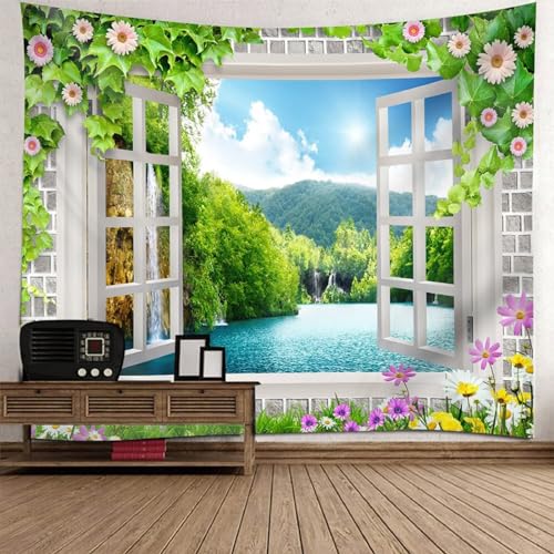 Tolldek Wandteppich Weiß Blau Grün 300 x 256 cm, Natur Landschaft Tapisserie Blumen Fenster Berg See Wandteppiche Wandtücher für die Wand in Wohnzimmerdekoration von Tolldek