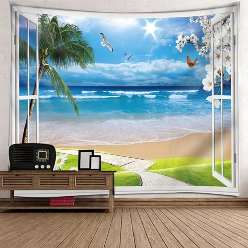 Tolldek Wandteppich Weiß Blau Grün 300 x 256 cm, Natur Landschaft Wandteppiche Fenster Strand Meer Wandtuch Wandtücher für Wohnzimmer, Wohndekor von Tolldek