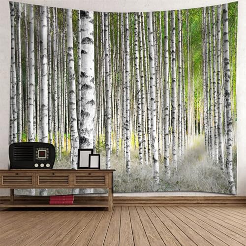 Tolldek Wandteppich Weiß Grau Grün 300 x 256 cm, Landschaft Natur Wandbehang Weißpappel Baum Tapisserie Wandbehänge für Wohnzimmer Dekor von Tolldek