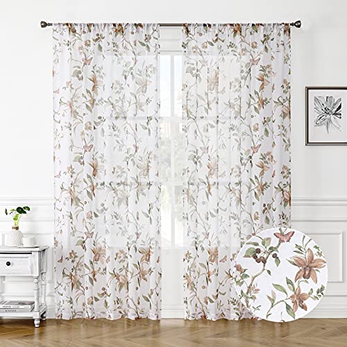 Tollpiz Blumen Vorhänge Taupe, Kirschblüte, Schmetterlingsdruck, Voile-Leinenoptik, weiße durchsichtige Vorhänge für Wohnzimmer, Schlafzimmer, 137 x 183 cm, 2er-Set mit Taschen für Vorhangstangen von Tollpiz