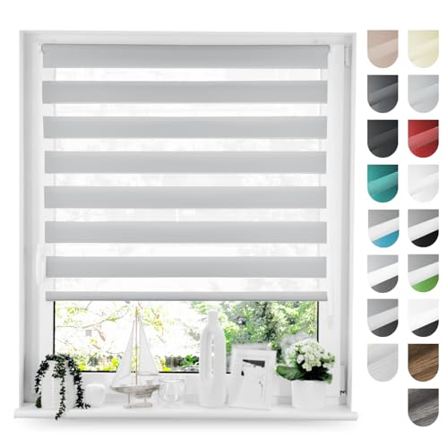 Tom'Shop® Doppelrollo DuoRollo [Grau, 130cm x 130cm] Duo Rollos für Fenster Klemmfix ohne Bohren mit Klämmträger Fensterabdeckung Fensterrollo leichte Montage von Tom'Shop