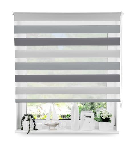 Tom'Shop® Doppelrollo DuoRollo [Hellgrau-Grau-Graphit, 160cm x 130 cm] Duo Rollos für Fenster Schrauben mit Bohren mit Schrauben Fensterabdeckung Fensterrollo leichte Montage von Tom'Shop