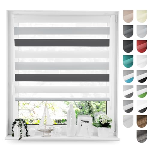 Tom'Shop® Doppelrollo DuoRollo [Schwarz & Weiß & Grau, 60cm x 130cm] Duo Rollos für Fenster Klemmfix ohne Bohren mit Klämmträger Fensterabdeckung Fensterrollo leichte Montage von Tom'Shop