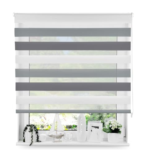 Tom'Shop® Doppelrollo DuoRollo [Weiß-Grau-Graphit, 150cm x 150 cm] Duo Rollos für Fenster Schrauben mit Bohren mit Schrauben Fensterabdeckung Fensterrollo leichte Montage von Tom'Shop
