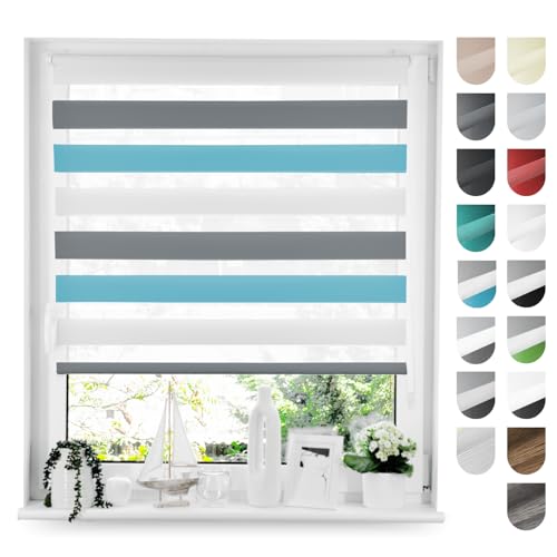 Tom'Shop® Doppelrollo [Grau & Blau & Weiß, 100cm x 220cm] Duo Rollos für Fenster Klemmfix ohne Bohren mit Klämmträger Fensterrollo von Tom'Shop