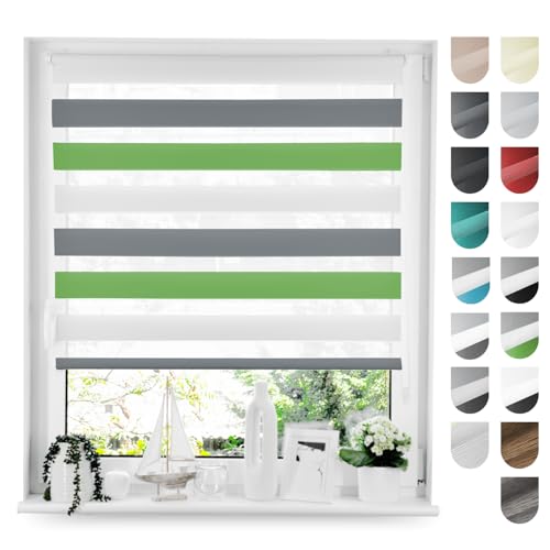 Tom'Shop® Doppelrollo [Grün & Weiß & Grau, 60cm x 150cm] Duo Rollos für Fenster Klemmfix ohne Bohren mit Klämmträger Fensterrollo von Tom'Shop