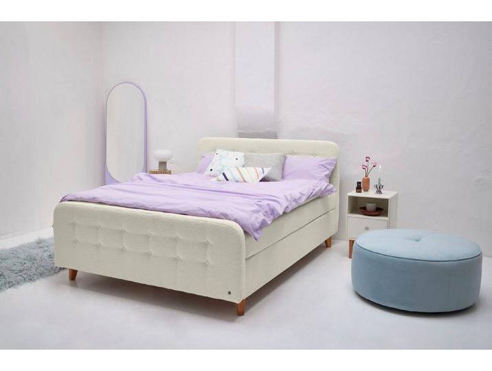 TOM TAILOR HOME Boxspringbett NORDIC BOX, mit Knopfheftung, in weichem Bouclé-Stoff, Füße in Buche natur, beige, H2 (0 kg - 100 kg) von Tom-Tailor