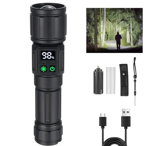 Tom-shine LED Taschenlampe Extrem Hell mit Zoomfunktion – USB-C Aufladbar 5000mAh, 9 Modi + Seitenlicht & Akku-Anzeige, IPX4 Regengeschützt für Jagd, Camping, Notfälle von Tom-shine