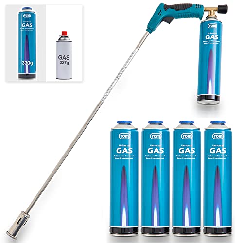 TOM Gas Unkrautbrenner Set + 4 x 330 g Universal Gasflasche mit Schraubgewinde 600 ml – Abflämmgerät ideal zur Unkrautvernichtung auf Pflastersteinen, Gehwege, Pflasterfugen. Grillanzünder, Blau von Tom