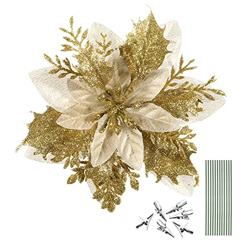 Tomaibaby 12Pcs Weihnachtsglitter Weihnachtsstern Blumen, Weihnachtsbaum Blumenschmuck Künstliche Blumen mit Stielen und Clips für Hochzeitsfest Kranz (Golden) von Tomaibaby