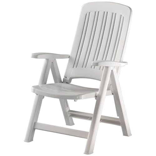 Tomaino Klappbarer Gartenstuhl aus Kunststoff – Sessel für draußen, Entspannung, Haus, Camping – 5 Positionen mit Armlehnen (weiß) von Tomaino