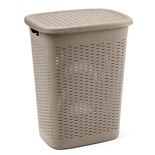 Tomaino - Wäschekorb aus Kunststoff - Behälter für Schmutzwäsche im Badezimmer - Korb für Kleidung und Schmutztücher mit platzsparendem Deckel 47 Liter (Taupe) von Tomaino