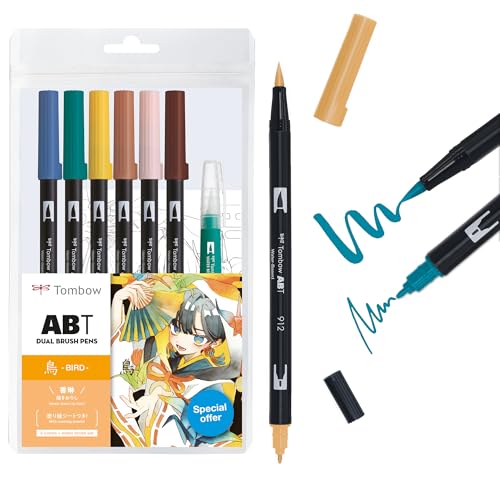 Tombow ABT Dual Brush Pen Watercolor Manga Set Bird, 6er Set + Wassertankpinsel, Malvorlagen & Video Tutorial [ABT-6P-MANGA-BIRD] von Tombow