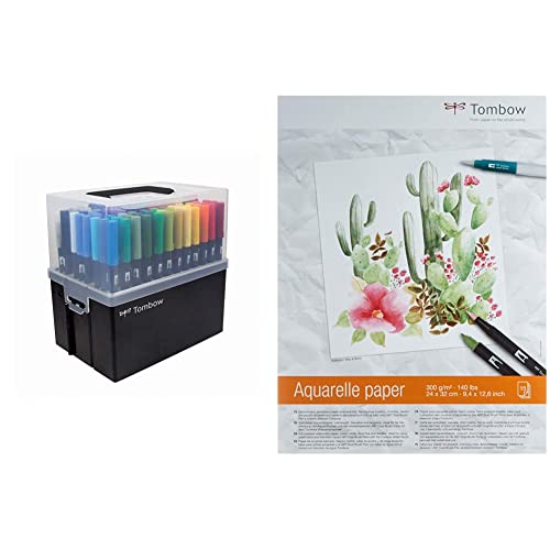 Tombow ABT-108C ABT Dual Brush Pen Stiftebox mit 107 Farben + Blender Pen, mehrfarbig & PB-AQUA Aquarellblock, satiniert, 24 x 32 cm Cremeweiß von Tombow