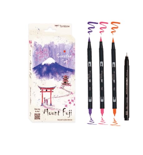 Tombow Creative Set Japan Edition Mount Fuji Set, 3 ABT Dual Brush Pens & MONO drawing pen, Aquarellpapier mit QR-Code Video Tutorial [JAPAN-SET2] von Tombow