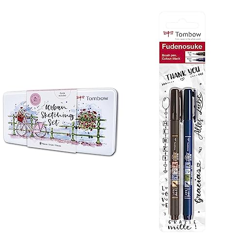 Tombow Urban Sketching Set | 9 kreative Produkte & WS-BHS-2P Brush Pen Fudenosuke je 1 x mit Harter und weicher Spitze von Tombow